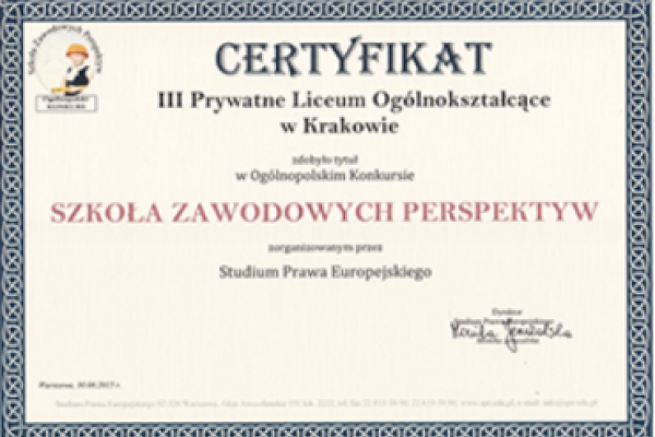 Certyfikat Szkoła Zawodowych Perspektyw